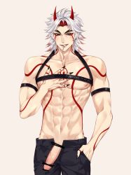 Rule 34 | 1boy, abs, arataki itto, black nails, black pants, censored, highres, horns, long hair, male focus, male underwear, mouth hold, multicolored hair, muscular, muscular male, nail polish, nipples, oni horns, pants, penis, red eyes, rourouki, simple background, tagme, tattoo, tobacco, underwear, white background, white hair