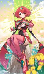 Rule 34 | 1girl, blush, breasts, chest jewel, cup, dangle earrings, earrings, fingerless gloves, flower, full body, gem, gloves, green322, headpiece, highres, holding, holding cup, holding teapot, jewelry, large breasts, looking at viewer, micro shorts, pouring, pyra (xenoblade), red eyes, red hair, red shorts, rock, short hair, shorts, sitting, smile, solo, swept bangs, tea, teacup, teapot, thighhighs, tiara, xenoblade chronicles (series), xenoblade chronicles 2, yellow flower