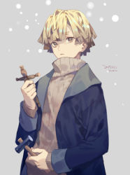 Rule 34 | 1boy, agatsuma zenitsu, blonde hair, blue coat, bright pupils, brown sweater, coat, cross, dated, grey background, hammer, holding, kimetsu no yaiba, latin cross, long sleeves, looking at viewer, male focus, open clothes, open coat, parted lips, ribbed sweater, signature, snowing, solo, sweater, upper body, yamakawa, yellow eyes