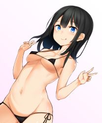 Rule 34 | 1girl, :q, bikini, black hair, blue eyes, breasts, cleavage, covered erect nipples, double v, gradient background, karaage (ta-na), looking at viewer, lowleg, lowleg bikini, lowleg panties, micro bikini, navel, original, panties, short hair, side-tie bikini bottom, simple background, sketch, smile, solo, stomach, string bikini, swimsuit, tongue, tongue out, underboob, underwear, v, white background