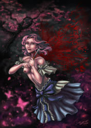 Rule 34 | 1girl, absurdres, arm garter, blood, breasts, bug, butterfly, cherry blossoms, cutting, dated, faux traditional media, highres, insect, knife, lips, looking at viewer, medium breasts, nipples, no headwear, pink eyes, pink hair, saigyouji yuyuko, saigyouji yuyuko (living), self-harm, self harm, short hair, signature, suicide, topless, touhou, wings, zucreelo