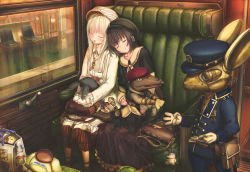 Rule 34 | 2girls, aiuabo, albino, animal, bag, bag charm, bag on lap, black hair, black hat, blue hat, book, charm (object), clothed animal, crocodile, crocodilian, flat chest, frilled sleeves, frills, gloves, handbag, hat, holding, leaning on person, long hair, long sleeves, multiple girls, neckerchief, non-humanoid robot, open book, open mouth, original, pouch, rabbit, red hair, robot, robot animal, short hair, sitting, skirt, sleeping, sleeves past wrists, smile, steampunk, striped clothes, striped headwear, ticket, ticket puncher, train conductor, train interior, white gloves, white hair, white hat, white neckerchief, window, yuri