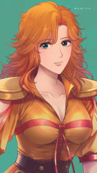 Rule 34 | 040shao, 1girl, bad id, bad pixiv id, breasts, brown hair, character name, cleavage, collarbone, commentary, cross-laced clothes, cross-laced top, green background, green eyes, highres, hokuto no ken, long hair, looking at viewer, mamiya (hokuto no ken), medium breasts, orange hair, parted lips, shirt, shoulder pads, simple background, smile, solo, upper body, yellow shirt