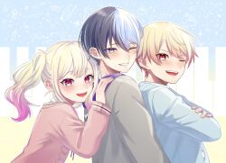 Rule 34 | 1girl, 2boys, aoyagi touya, blonde hair, blue hair, blush, bow, bow (music), brother and sister, commentary request, crossed arms, dark blue hair, fingernails, gradient hair, grey eyes, hand on another&#039;s shoulder, heart, highres, holding, holding bow (music), hood, hood down, hooded jacket, instrument, jacket, long hair, looking at viewer, mole, mole under eye, multicolored hair, multiple boys, musical note, one eye closed, open mouth, orange eyes, orange hair, pink eyes, pink hair, project sekai, purple hood, short hair, siblings, split-color hair, star (symbol), teeth, tenma saki, tenma tsukasa, twintails, two-tone hair, upper body, upper teeth only, violin, yk62