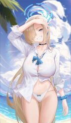 Rule 34 | 1girl, absurdres, arm up, asuna (blue archive), bare legs, beach, black choker, blonde hair, blue archive, blue bow, blue eyes, blue halo, blue scrunchie, blue sky, bow, bow panties, breasts, button gap, choker, cleavage, cloud, collarbone, collared shirt, commentary request, day, fisheye, gmirror1, hair over one eye, halo, highres, large breasts, long hair, looking at viewer, ocean, outdoors, panties, scrunchie, shading eyes, shirt, sky, sleeves rolled up, smile, solo, standing, thighs, tree, underwear, white shirt, wrist scrunchie