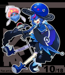 Rule 34 | 1girl, artist name, bandaged leg, bandages, black background, black bloomers, black gloves, bloomers, blue eyes, blue footwear, blue hair, blue headwear, blue sailor collar, commentary, crab-san, creatures (company), english commentary, english text, game freak, gen 6 pokemon, gloves, hat, holding, holding staff, inkay, long hair, looking at viewer, multicolored eyes, multicolored hair, nintendo, open mouth, otomachi una, pink eyes, poke ball, pokemon, pokemon (creature), project voltage, sailor collar, simple background, smile, staff, streaked hair, tentacle hair, twintails, underwear, vocaloid