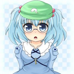 Rule 34 | 1girl, b.leaf, bespectacled, blue eyes, blue hair, breasts, dress, female focus, glasses, hair bobbles, hair ornament, hat, kawashiro nitori, key, matching hair/eyes, open mouth, pince-nez, short hair, small breasts, solo, touhou, twintails, two side up