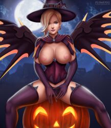 Rule 34 | 1girl, absurdres, alternate costume, blonde hair, blue eyes, breasts, breasts out, city background, cleavage, female focus, flowerxl, hat, highres, large breasts, mercy, mercy (overwatch), moonlight, night, nipples, overwatch, panties, solo, spread legs, thighhighs, underwear, witch hat, witch mercy