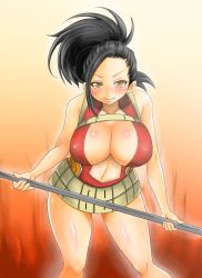 Rule 34 | 10s, 1girl, adahcm, bare shoulders, black hair, blush, boku no hero academia, breasts, center opening, cleavage, highres, large breasts, navel, pole, shiny skin, standing, thighs, underboob, yaoyorozu momo, yellow eyes