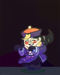 Rule 34 | 1girl, animated, animated gif, blush stickers, chinese clothes, closed eyes, dark background, fang, glasses, happy, jackie lee, jiangshi, jiangshi mei, jumping, low twintails, mei (overwatch), official alternate costume, ofuda, overwatch, overwatch 1, smile, solo, twintails