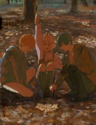Rule 34 | 1girl, 2boys, aged down, arms between legs, black footwear, black hair, blonde hair, boots, bowl cut, braid, chainsaw man, child, dappled sunlight, denji (chainsaw man), earmuffs, forest, fuyukonbu, hands up, hayakawa aki, highres, holding, holding stick, hood, horns, jacket, leaf, long hair, long sleeves, looking at another, looking down, messy hair, multiple boys, nature, open mouth, outdoors, power (chainsaw man), red horns, sharp teeth, short hair, shorts, sitting, squatting, stick, sunlight, suspender shorts, suspenders, sweater, teeth, twin braids, twintails