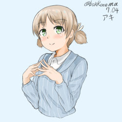 Rule 34 | 10s, 1girl, aki (girls und panzer), blue background, blue shirt, blush, character name, closed mouth, commentary, cropped torso, dated, dress shirt, fingers together, girls und panzer, green eyes, hako reeema, keizoku school uniform, light blush, light brown hair, long sleeves, looking at viewer, one-hour drawing challenge, school uniform, shirt, short hair, short twintails, simple background, smile, solo, striped clothes, striped shirt, twintails, twitter username, upper body, vertical-striped clothes, vertical-striped shirt, white shirt