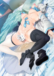 Rule 34 | 1girl, aftersex, animal ear fluff, animal ears, black footwear, black shorts, black thighhighs, blue neckerchief, boots, breasts, condom, cum, cum on body, detached sleeves, feet, fox ears, fox girl, fox tail, fumihiko (fu mihi ko), highres, hololive, lying, medium breasts, navel, neckerchief, nipples, object insertion, on back, on bed, puddle, puffy nipples, pussy juice, pussy juice puddle, shirakami fubuki, shirakami fubuki (1st costume), shirt, shorts, solo, spread legs, tail, thigh strap, thighhighs, tongue, tongue out, used condom, vaginal, vaginal object insertion, virtual youtuber, white hair, white sleeves