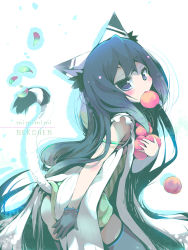 Rule 34 | 1girl, animal ears, ass, black gloves, black hair, black thighhighs, blush, cat ears, cat tail, fang, food, fruit, gloves, highres, leaning forward, long hair, looking at viewer, mouth hold, original, peach, purple eyes, solo, strap slip, tail, thighhighs, usoneko