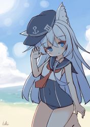 Rule 34 | 1girl, :o, absurdres, anchor symbol, animal ear fluff, animal ears, artist name, barefoot, beach, black hat, blue eyes, blue one-piece swimsuit, blue sailor collar, blush, claw pose, commentary, covered navel, day, flat cap, hair between eyes, hand up, hat, head tilt, hibiki (kancolle), highres, horizon, ichi (ichi.colors), kantai collection, kemonomimi mode, ocean, old school swimsuit, one-piece swimsuit, outdoors, parted lips, red neckwear, sailor collar, sand, school swimsuit, shirt, signature, silver hair, sleeveless, sleeveless shirt, solo, standing, standing on one leg, swimsuit, swimsuit under clothes, symbol-only commentary, water, white shirt