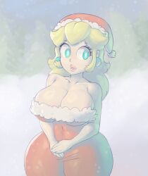 Rule 34 | 1girl, absurdres, aqua eyes, bare arms, bare shoulders, blonde hair, breasts, bright pupils, cleavage, dress, earrings, eyelashes, fur-trimmed dress, fur trim, hat, highres, jewelry, large breasts, lickagoat, light smile, lips, long hair, looking to the side, mario (series), nintendo, outdoors, own hands together, parted lips, princess peach, red dress, red hat, santa hat, snow, solo, super mario bros. 1, thick lips, white pupils, wide hips