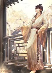 Rule 34 | 1boy, alternate costume, antenna hair, architecture, artist name, brown eyes, brown hair, brown kimono, brown sash, colored tips, commentary request, day, dragon print, east asian architecture, eyeshadow, fence, fuyuni0307, genshin impact, gradient clothes, gradient hair, hair between eyes, hair down, highres, holding, holding smoking pipe, japanese clothes, kimono, lattice, long hair, long sleeves, looking at viewer, makeup, male focus, multicolored clothes, multicolored hair, obi, orange hair, outdoors, parted lips, print kimono, red eyeshadow, sash, sidelocks, smoke, smoking pipe, solo, standing, tree, twitter username, watermark, white kimono, wide sleeves, zhongli (genshin impact)
