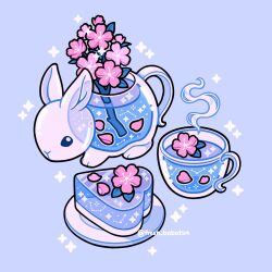 Rule 34 | blue background, cake, cherry blossoms, constellation, cup, dessert, emily kim, flower, food, food focus, heart-shaped food, highres, liquid, no humans, original, pastel colors, pink flower, rabbit, simple background, sparkle, steam, teacup, twitter username, white rabbit (animal)