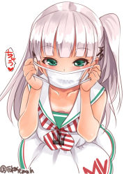 Rule 34 | 1girl, blunt bangs, blush, collarbone, dress, green eyes, heart, highres, kantai collection, long hair, maestrale (kancolle), mask, mouth mask, one side up, sailor collar, sailor dress, silver hair, simple background, sleeveless, sleeveless dress, solo, takase muh, twitter username, white background, white dress, white sailor collar