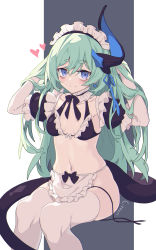 Rule 34 | 1girl, absurdres, apron, bikini, black bikini, black bow, black sleeves, blue eyes, blush, bow, closed mouth, commentary, detached sleeves, earrings, feet out of frame, frilled apron, frilled bikini, frills, green hair, grey background, hair between eyes, hands in hair, hands up, heart, heart earrings, highres, honkai (series), honkai impact 3rd, horns, jewelry, liliya olenyeva, litsvn, long hair, maid headdress, navel, puffy short sleeves, puffy sleeves, short eyebrows, short sleeves, side-tie bikini bottom, signature, single horn, sitting, solo, swimsuit, thick eyebrows, thighhighs, two-tone background, untied bikini, very long hair, waist apron, white apron, white background, white thighhighs