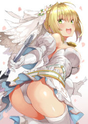 Rule 34 | 10s, 1girl, :d, ahoge, artoria pendragon (all), artoria pendragon (fate), ass, bare shoulders, belt, blonde hair, blurry, blush, bow, breasts, bridal veil, colored eyelashes, depth of field, detached collar, detached sleeves, elbow gloves, fate/extra, fate/extra ccc, fate/grand order, fate (series), flower, from behind, from side, gloves, gradient background, green eyes, hair between eyes, hair bow, hair flower, hair intakes, hair ornament, happy, high heels, highleg, highleg leotard, holding, large breasts, leaning forward, leg lift, legs together, leotard, lock, looking back, mamedenkyuu (berun), nero claudius (bride) (fate), nero claudius (bride) (second ascension) (fate), nero claudius (fate), nero claudius (fate) (all), open mouth, outstretched arm, padlock, petals, puffy detached sleeves, puffy sleeves, saber (fate), short hair with long locks, sideboob, sidelocks, simple background, skirt, smile, solo, strapless, strapless leotard, thighhighs, upskirt, veil, white background, white bow, white flower, white gloves, white leotard, white skirt, white thighhighs, zipper
