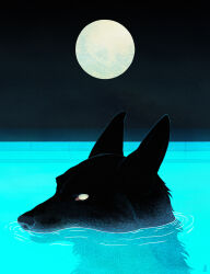animal animal_focus aqua_theme black_dog black_fur black_sky blank_eyes dappermouth film_grain full_moon glowing highres horror_(theme) looking_at_viewer moon mouth_under_water night no_humans no_pupils original outdoors partially_submerged pool ripples sky water white_eyes wolf