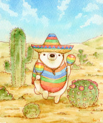 Rule 34 | animal, artist name, bad id, bad pixiv id, bear, blue sky, cactus, chin strap, cloud, colored pencil (medium), dancing, day, desert, flower, hat, instrument, maracas, no humans, original, outdoors, painting (medium), pincushion cactus, polar bear, poncho, prickly pear cactus, saguaro, sky, sombrero, st.kuma, traditional media, watercolor (medium)