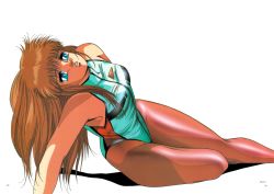 Rule 34 | 1980s (style), 1girl, absurdres, arm support, blue eyes, brown hair, dangaiou, highres, hirano toshihiro, leotard, long hair, mia alice, official art, oldschool, page number, pantyhose, parted lips, retro artstyle, simple background, solo, white background