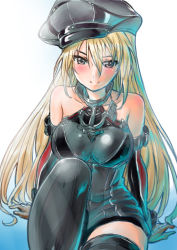 Rule 34 | 10s, 1girl, arm support, armor, bare shoulders, bismarck (kancolle), blonde hair, blue background, blue eyes, blush, breastplate, breasts, collarbone, cowboy shot, detached sleeves, female focus, gloves, gradient background, hair between eyes, hat, highres, kantai collection, large breasts, long hair, looking at viewer, military, military hat, military uniform, miton iii aratame, peaked cap, sitting, smile, solo, thighhighs, uniform, white background