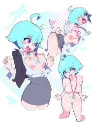Rule 34 | 1girl, absurdres, aetherion, ahoge, bent over, between breasts, blue hair, blush stickers, bra, bra lift, breasts, breasts out, clothes lift, collared shirt, cum, cum on body, cum on breasts, cum on legs, cum on upper body, detached ahoge, dress shirt, facial, flying button, formal, high-waist skirt, highres, lanyard, looking at viewer, looking back, looking down, medium breasts, nail polish, nipples, nude, office lady, one eye closed, open clothes, open mouth, open shirt, original, pencil skirt, popped button, shirt, shirt tucked in, short hair, skirt, skirt lift, skirt suit, solo, suit, surprised, underwear, wardrobe malfunction, white shirt
