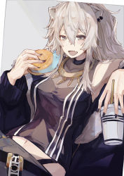 Rule 34 | 1girl, absurdres, animal ears, black shirt, blush, breasts, burger, cleavage, commentary request, cup, disposable cup, drinking straw, earrings, fang, food, fur-trimmed jacket, fur trim, grey eyes, grey hair, hair between eyes, highres, holding, holding cup, holding food, hololive, jacket, jewelry, lion ears, lion girl, looking at viewer, medium breasts, nail polish, open clothes, open jacket, open mouth, see-through, see-through cleavage, shirt, shishiro botan, shishiro botan (1st costume), sidelocks, skin fang, solo, tsumeki, virtual youtuber