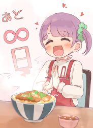 Rule 34 | 1girl, ^ ^, blunt bangs, blush, bowl, chopsticks, closed eyes, commentary request, drooling, facing viewer, green scrunchie, hair ornament, hair scrunchie, heart, highres, holding, holding chopsticks, hyakumangoku masurao, infinity symbol, katsudon (food), long sleeves, manaka non, manaka non (normal), miso soup, mouth drool, open mouth, overalls, own hands clasped, own hands together, pretty series, pripara, purple hair, red overalls, scrunchie, short hair, side ponytail, smile, solo, sweater, table, translation request, upper body, white sweater