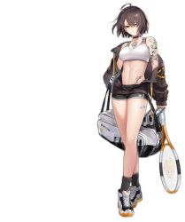 Rule 34 | 1girl, ahoge, arm tattoo, azur lane, bag, bag charm, ball, baltimore (azur lane), baltimore (black ace) (azur lane), bandaid, bare shoulders, black shorts, black socks, braid, breasts, brown hair, brown jacket, chain-link fence, charm (object), chest tattoo, choker, cleavage, collarbone, crop top, crossed legs, duffel bag, fence, flower tattoo, full body, hair over one eye, highres, holding, jacket, keli bang, large breasts, legs, looking at viewer, midriff, navel, off shoulder, official alternate costume, official art, open clothes, open jacket, racket, scoreboard, shirt, shoes, short hair, short shorts, shorts, shoulder tattoo, sleeveless, sleeveless shirt, smile, sneakers, socks, solo, sports bra, standing, stomach, stomach tattoo, tattoo, tennis ball, tennis racket, thighs, transparent background, watson cross, white shirt, yellow eyes