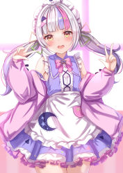 Rule 34 | 1girl, apron, blush, bow, bowtie, commentary request, double v, dress, frilled apron, frilled dress, frills, hair ornament, highres, hololive, jacket, long hair, looking at viewer, maid headdress, murasaki shion, murasaki shion (magical girl maid), off shoulder, official alternate costume, open clothes, open jacket, open mouth, pink bow, pink bowtie, pink jacket, purple dress, silver hair, solo, teeth, twintails, upper teeth only, v, virtual youtuber, white apron, yellow eyes, yuano