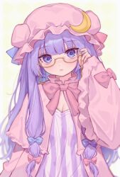 Rule 34 | 1girl, adjusting eyewear, blue bow, blue eyes, blunt bangs, border, bow, bowtie, coat, commentary, crescent, crescent hat ornament, dress, eyewear strap, frilled sleeves, frills, glasses, hair bow, hand up, hat, hat ornament, highres, long hair, long sleeves, looking at viewer, low-tied sidelocks, mob cap, multicolored eyes, multiple hair bows, open clothes, open coat, outside border, patchouli knowledge, pink bow, pink coat, pink headwear, purple dress, purple eyes, purple hair, qiu ju, semi-rimless eyewear, simple background, sleeves past wrists, solo, striped clothes, striped dress, touhou, under-rim eyewear, upper body, vertical-striped clothes, vertical-striped dress, white border, wide sleeves, yellow-framed eyewear, yellow background