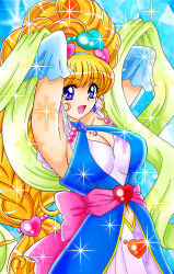 Rule 34 | 1girl, :d, arms behind head, asahina mirai, blonde hair, braid, breasts, cleavage, clothing cutout, cure miracle, cure miracle (sapphire style), dress, earrings, gem, hair ornament, heart, high ponytail, highres, jewelry, large breasts, looking afar, mahou girls precure!, navel, navel cutout, open mouth, precure, purple eyes, sapphire style, sidelocks, smile, solo, sparkle background, tatsumi kyouhei