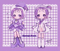 Rule 34 | 1girl, blush, boots, copyright name, dated, dress, earrings, full body, gloves, hands on own hips, hat, highres, jewelry, knee boots, magical girl, multiple views, musical note, narumame, ojamajo doremi, one side up, own hands together, purple dress, purple eyes, purple footwear, purple hair, purple hat, segawa onpu, short hair, side ponytail, smile, solo, twitter username, typo, white dress, white footwear, witch hat