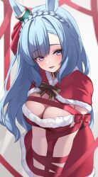 1girl absurdres alternate_costume animal_ears blue_hair blush braid breasts cleavage commentary_request crown_braid hair_between_eyes hair_ornament highres horse_ears horse_girl long_hair looking_at_viewer mejiro_ardan_(umamusume) noa0319 open_mouth purple_eyes ribbon santa_costume simple_background solo umamusume