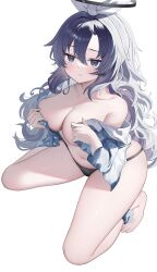 Rule 34 | 1girl, barefoot, black panties, blue archive, blue shirt, blush, breasts, cleavage, closed mouth, collarbone, fingernails, hair between eyes, halo, highres, koba (kobako42), large breasts, long hair, long sleeves, looking at viewer, mechanical halo, open clothes, open shirt, panties, purple eyes, purple hair, shirt, simple background, solo, toes, underwear, white background, yuuka (blue archive)