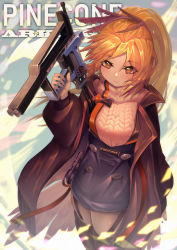 Rule 34 | 1girl, absurdres, aran sweater, arknights, bielin, black coat, brown eyes, cable knit, character name, coat, commentary, cowboy shot, facing viewer, garter straps, high-waist skirt, highres, holding, holding weapon, legs together, long hair, looking at viewer, microskirt, mole, mole under eye, nail gun, open clothes, open coat, orange hair, pinecone (arknights), skirt, solo, standing, sweater, thighhighs, weapon, white sweater, zettai ryouiki