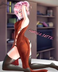 Rule 34 | angry, armpits, ass, china dress, chinese clothes, doki doki literature club, dress, highres, kneeling, lace, lace-trimmed panties, lace trim, laced panties, moca 1atte, natsuki (doki doki literature club), on bed, panties, pink eyes, pink hair, thighhighs, underwear