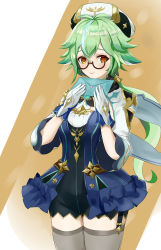 Rule 34 | 1girl, animal ears, brown eyes, cape, cat ears, cat girl, commentary request, garter straps, genshin impact, glasses, gloves, green hair, grey thighhighs, hair between eyes, hat, highres, holding, holding letter, holding paper, letter, long hair, long sleeves, looking at viewer, love letter, multicolored hair, paper, semi-rimless eyewear, shanyouyini, sidelocks, simple background, smile, solo, streaked hair, sucrose (genshin impact), thighhighs, two-tone background, two-tone hair, vision (genshin impact), white gloves
