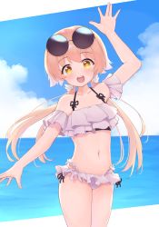 Rule 34 | 1girl, beach, bikini, blue archive, blush, collarbone, eyewear on head, frilled bikini, frills, hifumi (blue archive), hifumi (swimsuit) (blue archive), highres, light brown hair, long hair, looking at viewer, low twintails, navel, open mouth, sky, solo, sunglasses, swimsuit, twintails, waving, white bikini, yellow eyes