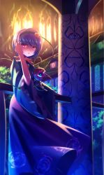 Rule 34 | 1girl, blouse, building, floral print, hairband, hand in own hair, highres, komeiji satori, light, mukago, mukago (nemo1729), open mouth, pillar, purple hair, railing, red eyes, shirt, short hair, skirt, solo, sparkle, stained glass, standing, third eye, touhou, tree, wide sleeves, wind