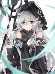 Rule 34 | 1girl, absurdres, arknights, bare shoulders, black sleeves, detached sleeves, flower, gloves, goggles, goggles around neck, green shirt, grey gloves, grey hair, hair between eyes, hand up, highres, holding, holding staff, hood, hood up, hooded shirt, long hair, messy hair, nacoty, partially fingerless gloves, pointy ears, shirt, simple background, sketch, solo, staff, tomimi (arknights), upper body, white background, white flower, yellow eyes