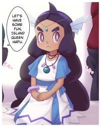 Rule 34 | 1girl, 2boys, blue dress, border, bracelet, bright pupils, bulge, closed mouth, collarbone, commentary request, cowlick, creatures (company), dark-skinned female, dark skin, dress, english text, erection, erection under clothes, frown, game freak, gazing eye, hairband, hapu (pokemon), highres, jewelry, long hair, multiple boys, necklace, nintendo, own hands together, pokemon, pokemon (anime), pokemon sm (anime), purple eyes, purple hair, short sleeves, sideways glance, sitting, speech bubble, twintails, white border, white pupils
