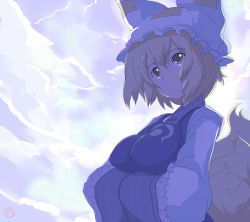 1girl animal_ears blonde_hair blue_theme breasts cloud female_focus hands_in_opposite_sleeves hat head_tilt impossible_clothes looking_up outdoors ryuno short_hair solo tail touhou wide_sleeves yakumo_ran yellow_eyes