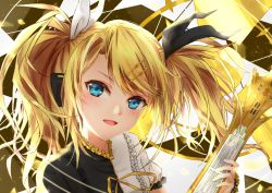 Rule 34 | 1girl, :d, black bow, blonde hair, blue eyes, bow, eyebrows hidden by hair, floating hair, hair bow, head tilt, hei kuang jun, holding, holding instrument, instrument, kagamine rin, long hair, looking at viewer, open mouth, portrait, roshin yuukai (vocaloid), short sleeves, smile, solo, swept bangs, vocaloid, white bow, wrist cuffs