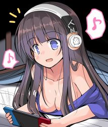 Rule 34 | 1girl, accidental exposure, azur lane, bare shoulders, black hair, blanket, blouse, blue eyes, blue shirt, blunt bangs, breasts, cleavage, clueless, collarbone, commentary request, exposing self, futon, gaming, headphones, hime cut, indoors, large breasts, long hair, long island (azur lane), looking at screen, lying, medium breasts, musical note, nintendo, nintendo switch, nipples, off shoulder, on stomach, open mouth, playing games, shirt, shirt slip, smile, solo, spoken musical note, straight hair, t-shirt, tsuzuri (tuzuri), under covers, upper body