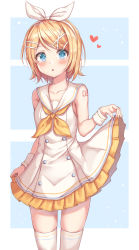 Rule 34 | 1girl, absurdres, bare shoulders, blonde hair, blue eyes, blush, clothes lift, collarbone, commentary request, dress, dress lift, frills, hair ornament, hairband, hairclip, haneiro, heart, heart print, highres, kagamine rin, looking at viewer, open mouth, ribbon, short hair, sleeveless, sleeveless dress, solo, thighhighs, vocaloid, white dress, white hairband, white thighhighs